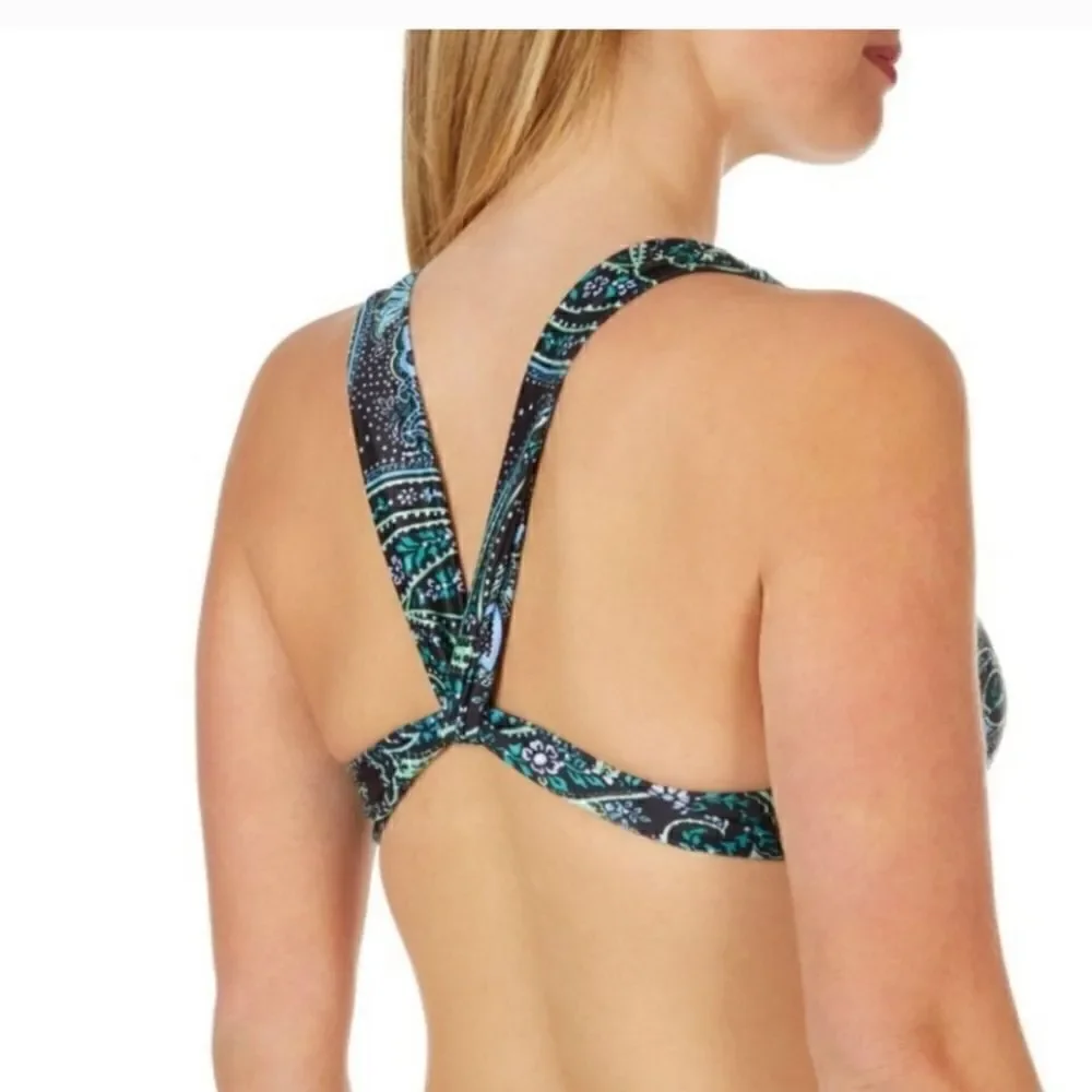 Island Soul Black Blue Green Paisley Bralette Swimsuit Bikini Top- Size Small